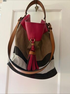 Burberry Pink Leather Trim Canvas Stripe Bucket Bag